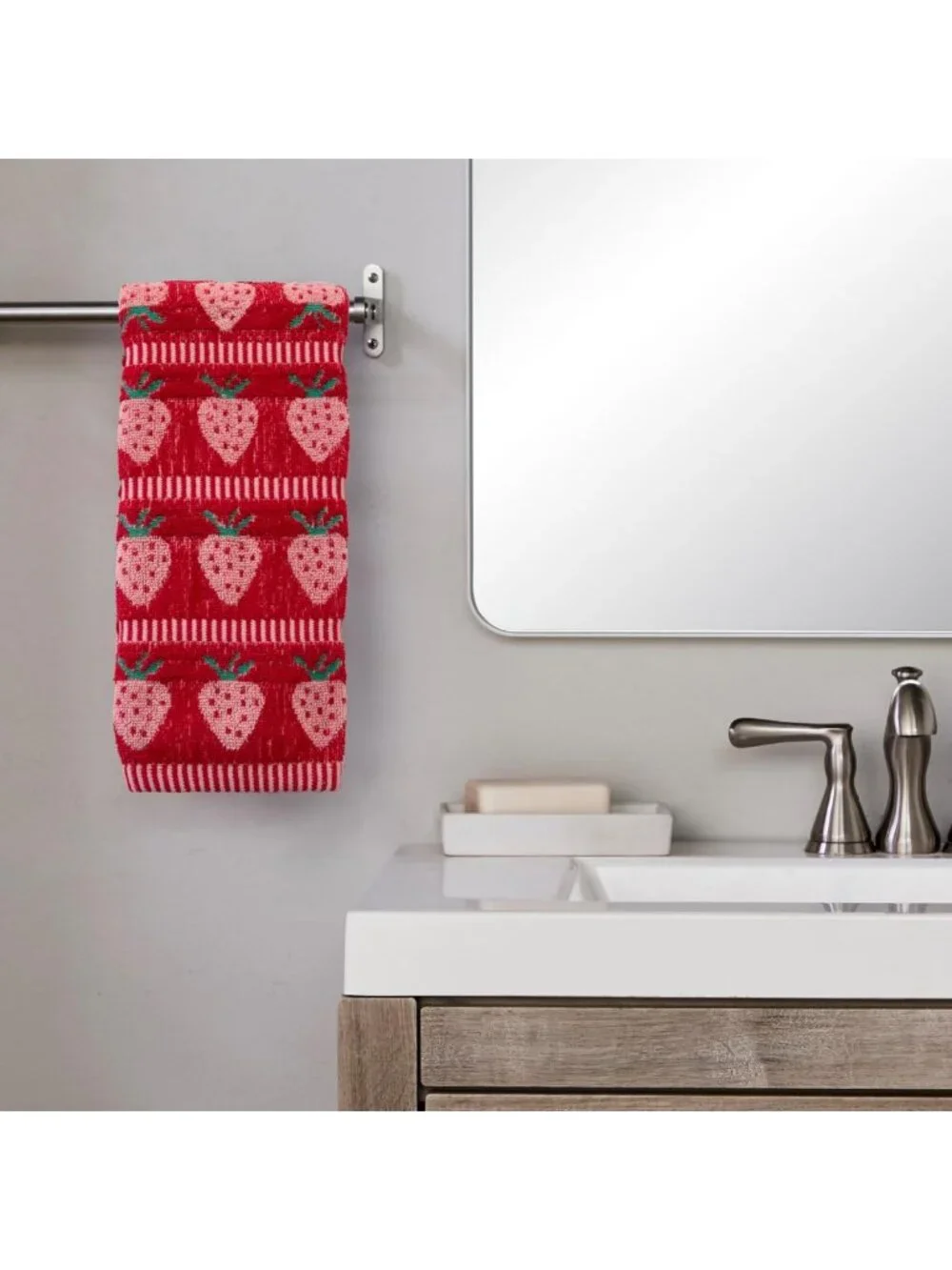 Strawberry Jacquard Hand Towel Set - 2pc, Soft 100% Cotton, Red Kitchen Decor